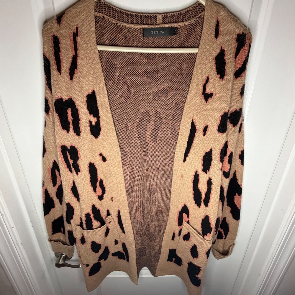 Zesica Leopard Print Open‎ Front Soft Knitted Cardigan Sweater Womens Large